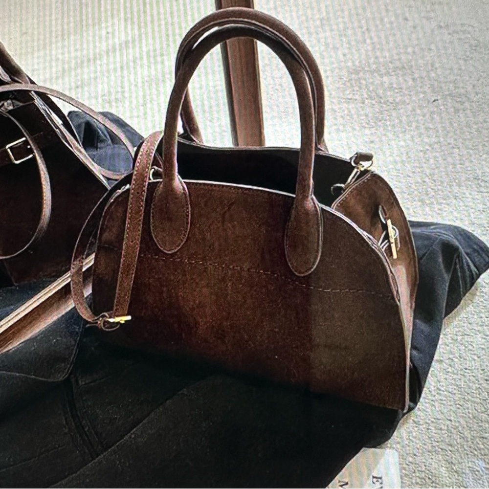 Brown Satchel PU Leather - Handled Tote - Cross Body Tote - Brown Suede Tote - Picture 2 of 12